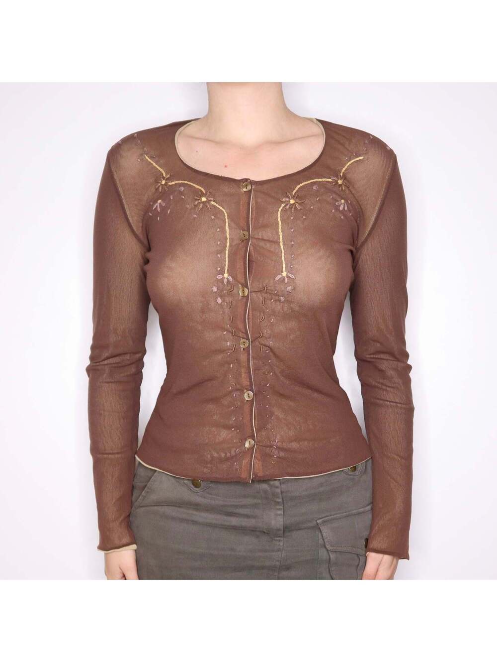 90s Italian Brown Mesh Embroidered Cardigan (M/L)